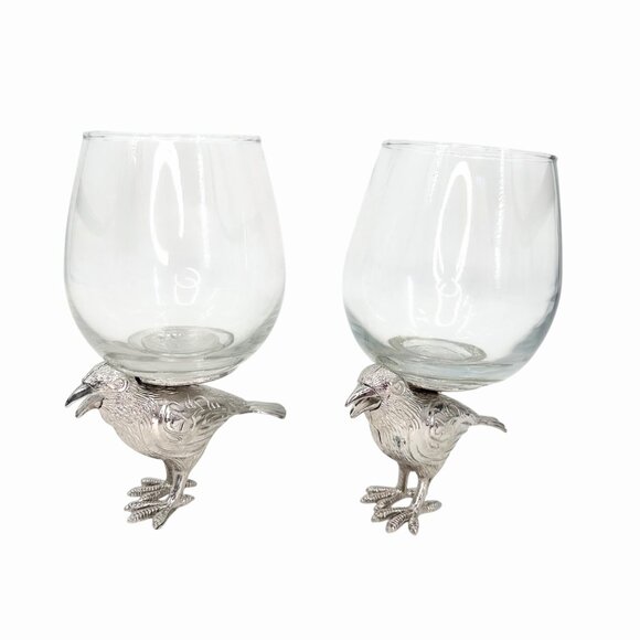 NWOT SILVER METAL RAVEN CROW 2 STEMLESS WINE GLASSES EDGAR ALLAN POE HALLOWEEN - Picture 6 of 6